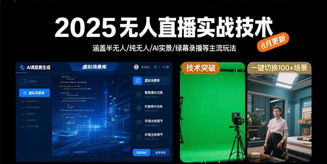 2025无人直播实战技术-8月,涵盖半无人/纯无人/AI实景/绿幕录播等主流玩法-聚业
