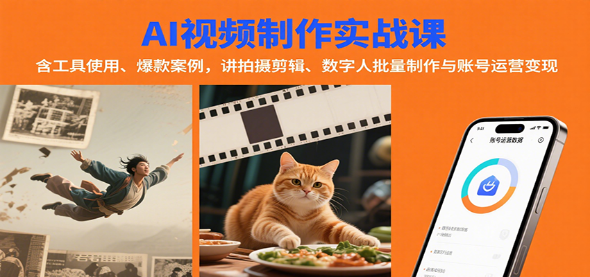 AI视频制作实战:含工具使用、爆款案例,讲拍摄剪辑、数字人批量制作与账号运营变现-聚业