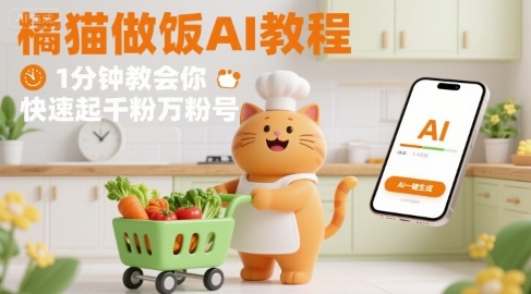 有趣的橘猫买菜做饭视频，用AI一键搞定，1分钟教会你，快速起千粉万粉号-聚业