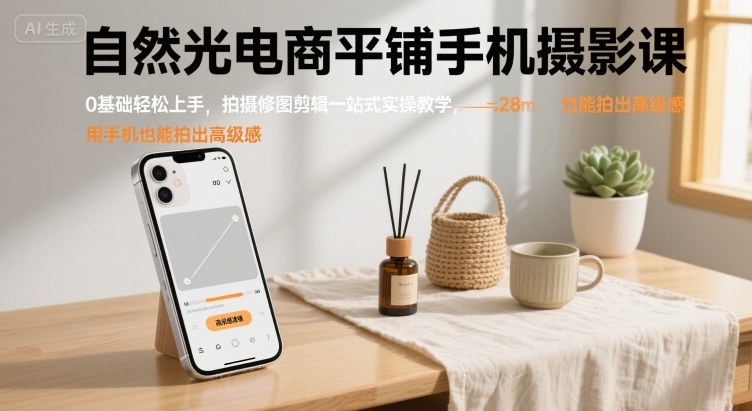 自然光电商平铺手机摄影课，0基础轻松上手，拍摄修图剪辑一站式实操教学，用手机也能拍出高级感-聚业