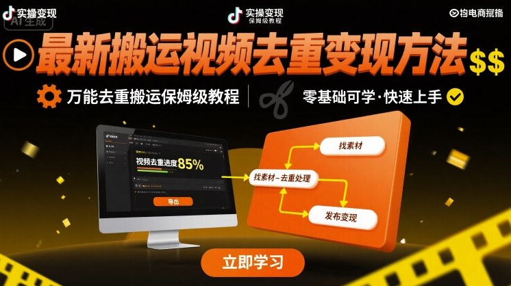 最新搬运视频去重变现方法,万能去重搬运保姆级教程-聚业