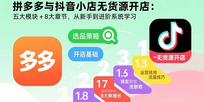 拼多多与抖音小店无货源开店：五大模块+8大章节，从新手到进阶系统学习-聚业