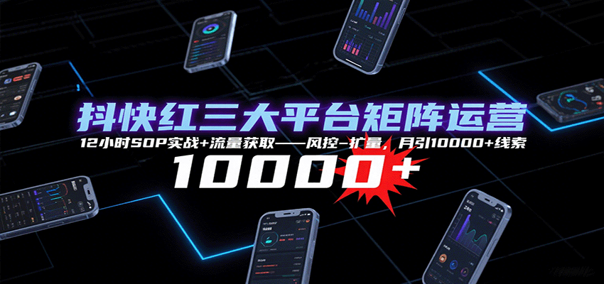 抖快红三大平台矩阵运营，12小时SOP实战+流量获取-风控-扩量，月引10000+线索-聚业