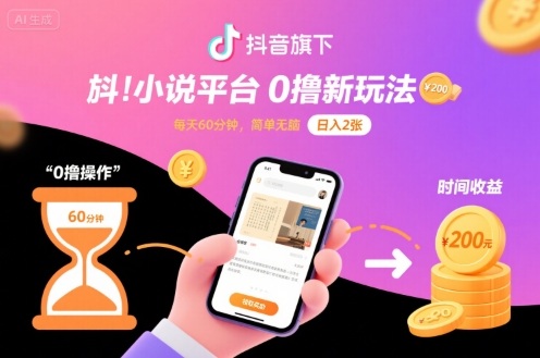 抖音旗下小说平台0撸新玩法，每天挂G60分钟，简单无脑，日入2张【揭秘】-聚业