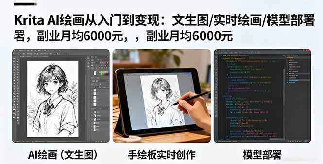 Krita AI绘画从入门到变现：文生图/实时绘画/模型部署，副业月均6000元-聚业