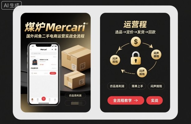 煤炉Mercari国外闲鱼二手电商运营实战全流程，仿品高利润，简单上手，闷声搞钱-聚业