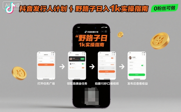 抖音发行人计划全新野路子玩法，随时随地，只要有手机，就能操作，日入1k+【揭秘】-聚业