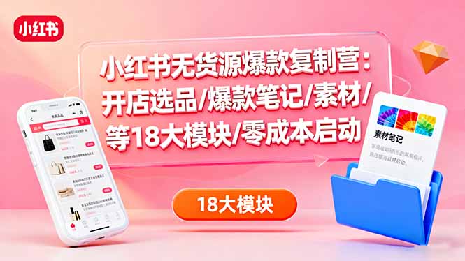 小红书无货源爆款复制营：开店选品/爆款笔记/素材/等18大模块/零成本启动-聚业