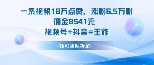 一条视频18W点赞，涨粉6.5W粉佣金8541米，视频号+抖音=王炸-聚业