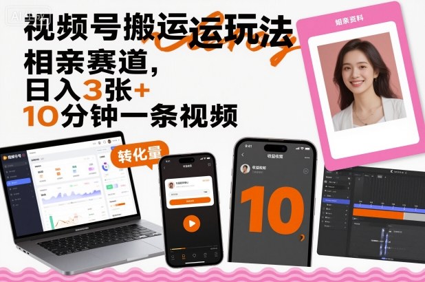 视频号搬运玩法，相亲赛道，日入3张+，10分钟一条视频-聚业