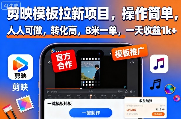 剪映模板拉新项目，操作简单，人人可做，转化高，8米一单，一天收益1k+-聚业