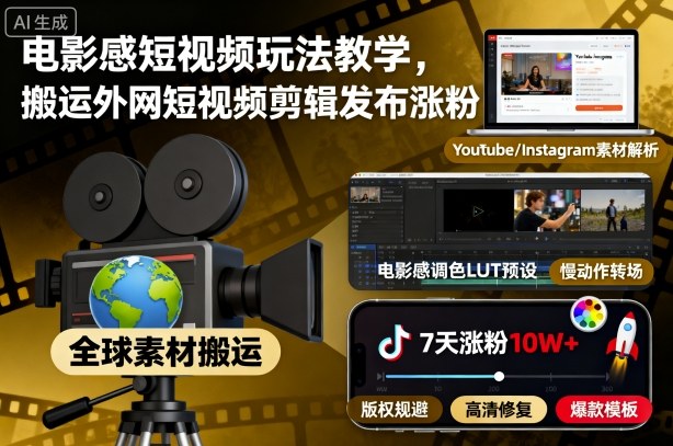 电影感短视频玩法教学，搬运外网短视频剪辑发布涨粉-聚业