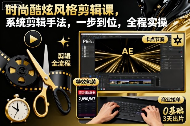 时尚酷炫风格剪辑课，系统剪辑手法，一步到位，全程实操-聚业