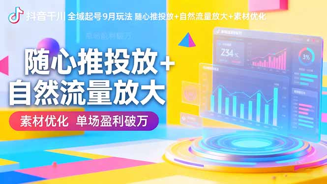 抖音千川全域起号9月玩法 随心推投放+自然流量放大+素材优化 单场盈利破万-聚业