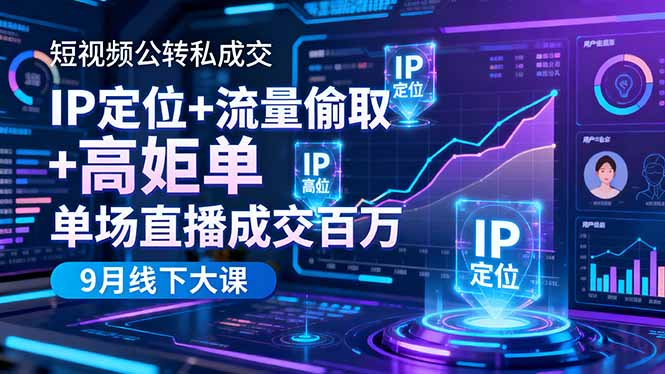 短视频公转私成交9月线下大课，IP定位+流量偷取+高客单，单场直播成交百万-聚业