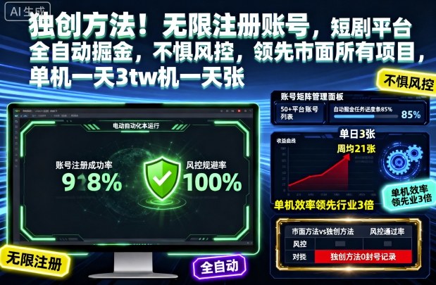 独创方法！无限注册账号，短剧平台全自动掘金，不惧风控，领先市面所有项目，单机一天3张【揭秘】-聚业