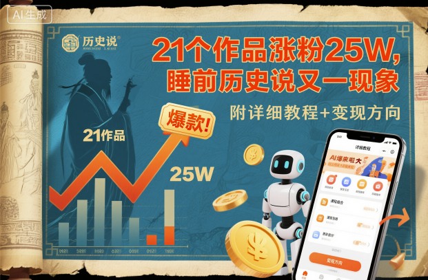 21个作品涨粉25W，睡前历史说又一现象级AI内容大爆款来啦，附详细教程+变现方向-聚业