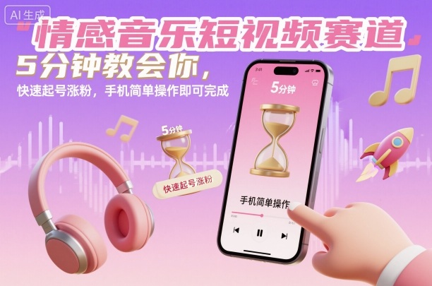 情感音乐短视频赛道，5分钟教会你，快速起号涨粉，手机简单操作即可完成-聚业