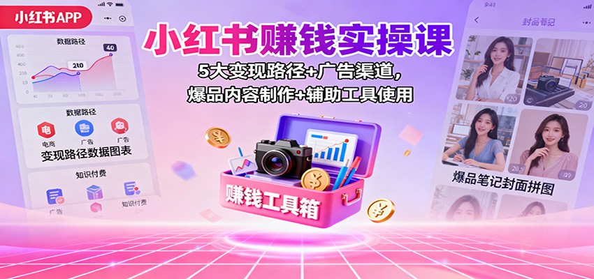 小红书赚钱实操课：5大变现路径+广告渠道，爆品内容制作+辅助工具使用-聚业