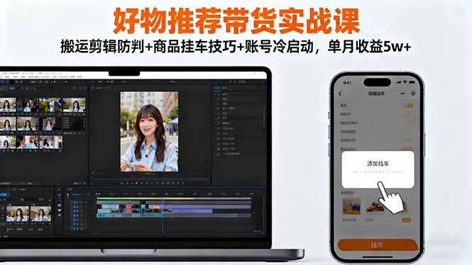 好物推荐带货实战课：搬运剪辑防判+商品挂车技巧+账号冷启动，单月收益5w+-聚业