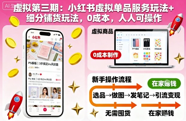 虚拟第三期：小红书虚拟单品服务玩法+细分铺货玩法，0成本，人人可操作(更新)-聚业
