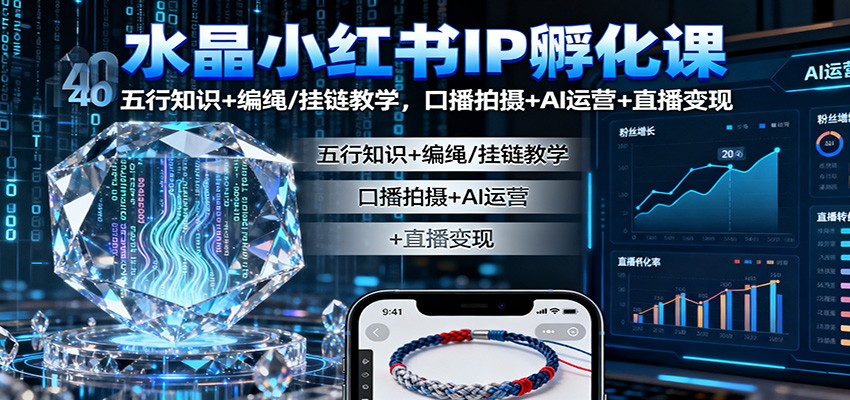 水晶小红书IP孵化课：五行知识+编绳/挂链教学，口播拍摄+AI运营+直播变现-聚业