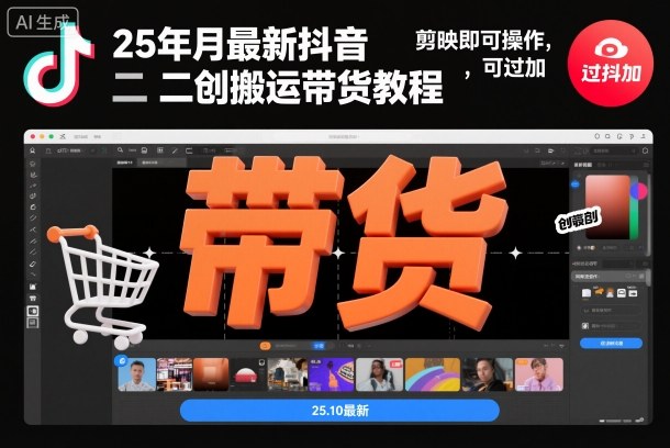 25年10月最新抖音二创搬运带货教程,剪映即可操作,可过抖加-聚业