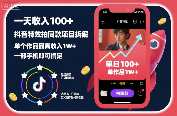一天收入100+，抖音特效拍同款项目拆解，单个作品最高收入1W+，一部手机即可搞定-聚业