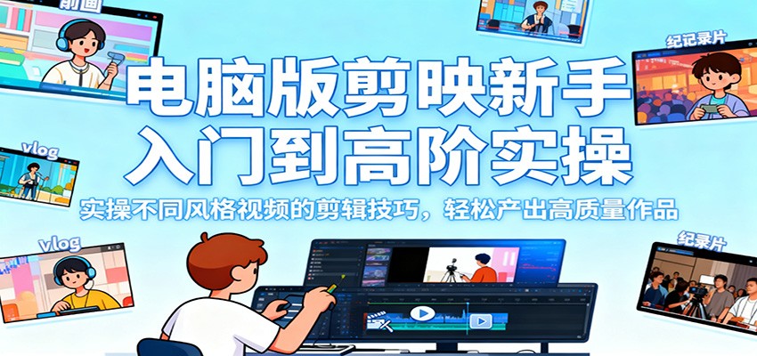 电脑版剪映新手入门到高阶实操，实操不同风格视频的剪辑技巧，轻松产出高质量作品-聚业