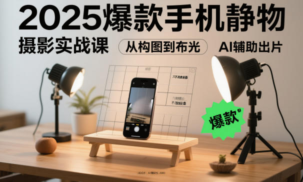 2025爆款手机静物摄影实战课，从构图到布光，不用贵设备，AI辅助出片-聚业