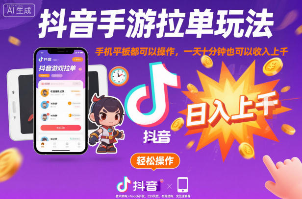抖音手游拉单玩法，手机平板都可以操作，一天十分钟也可以收入上K【揭秘】-聚业