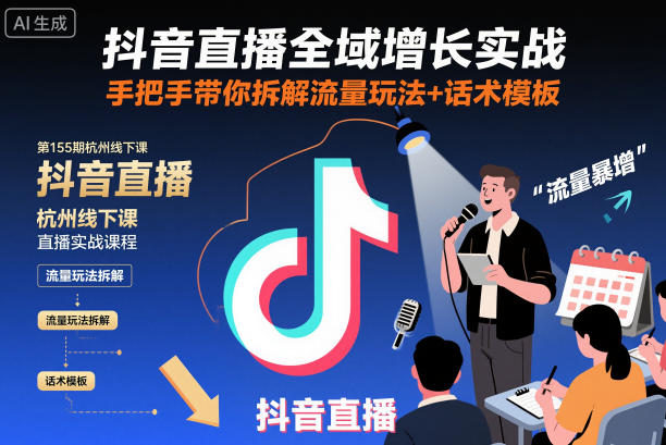 抖音直播全域增长实战第155期杭州线下课，手把手带你拆解流量玩法+话术模板-聚业