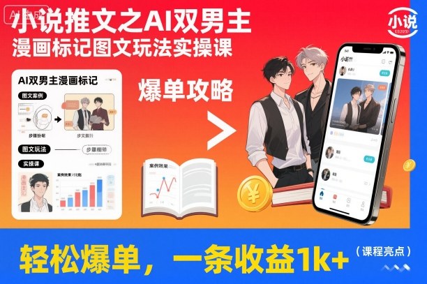 小说推文之AI双男主漫画标记图文玩法实操课，轻松爆单，一条收益1k+-聚业