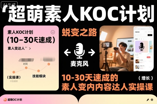 超萌素人KOC计划，10-30天速成的素人变内容达人实操课，适合想做短剧小说推文电商推广的素人入局-聚业