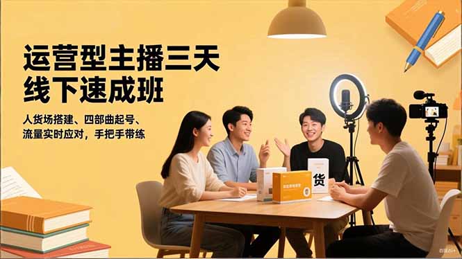 运营型主播三天线下班，人货场搭建,四部曲起号,流量实时应对，手把手带练-聚业