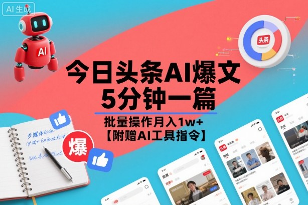 今日头条AI爆文，5分钟一篇，批量操作月入1w+【附赠AI工具指令】-聚业
