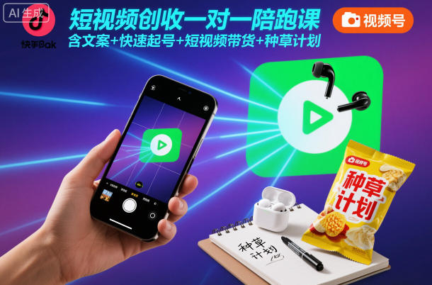 短视频创收一对一陪跑课,含文案+快速起号+短视频带货+种草计划-聚业