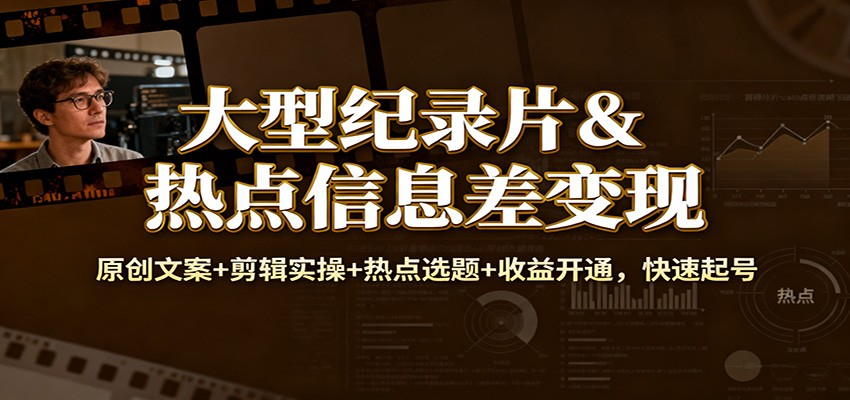 大型纪录片&热点信息差变现：原创文案+剪辑实操+热点选题+收益开通，快速起号-聚业