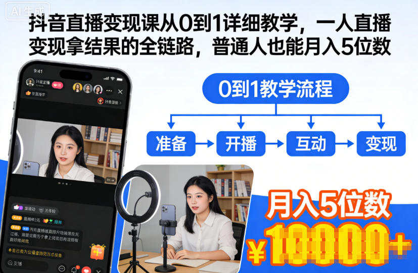 抖音直播变现课从0到1详细教学,一人直播变现拿结果的全链路,普通人也能月入5位数-聚业