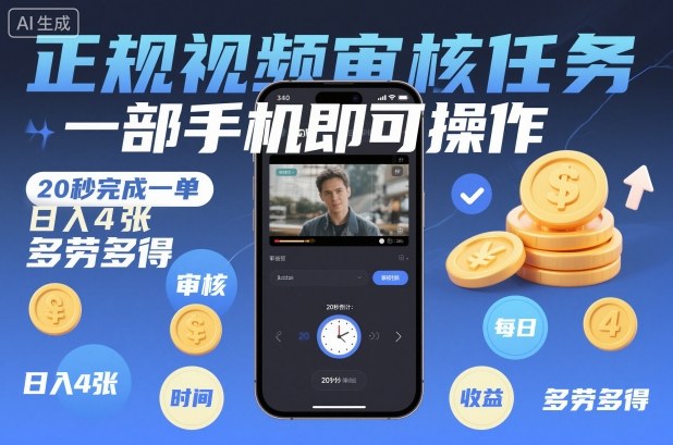 正规视频审核任务，一部手机即可操作，20秒完成一单，日入4张，多劳多得【揭秘】-聚业