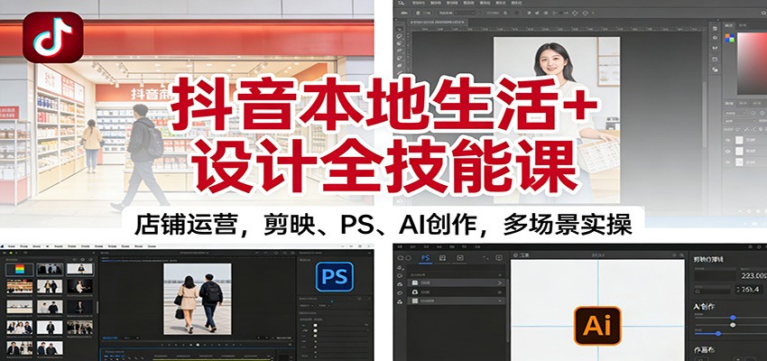 抖音本地生活+设计全技能课:店铺运营,剪映、PS、AI创作,多场景实操-聚业