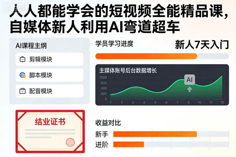 人人都能学会的短视频全能精品课,自媒体新人利用AI弯道超车-聚业
