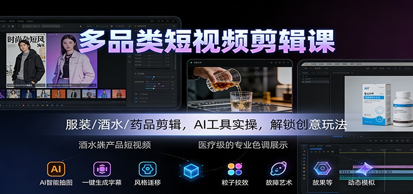 多品类短视频剪辑课:服装/酒水/药品剪辑,AI工具实操,解锁创意玩法-聚业