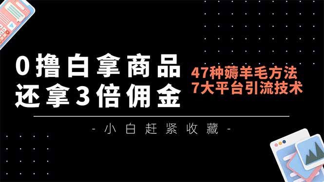 0撸白拿商品,还拿3倍佣金,47种薅羊毛方法,7大平台全方位引流技术教学,精专月入过万-聚业