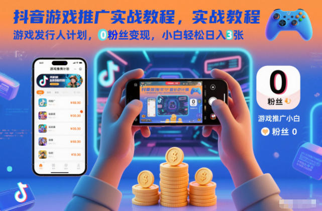 抖音游戏推广实战教程，游戏发行人计划，0粉丝变现，小白轻松日入3张-聚业