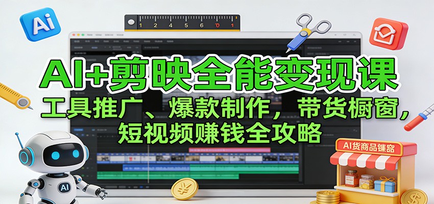 AI+剪映全能变现课:工具推广、爆款制作、带货橱窗,短视频赚钱全攻略-聚业