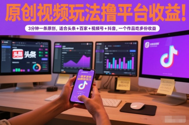 原创视频玩法撸平台收益,3分钟一条原创,适合头条+百家+视频号+抖音,一个作品吃多份收益-聚业