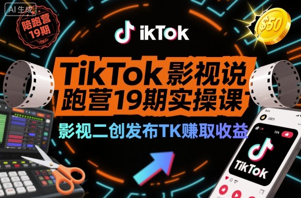TikTok影视解说陪跑营19期实操课,影视二创发布TK賺取收益,万播收益50美金(更新)-聚业