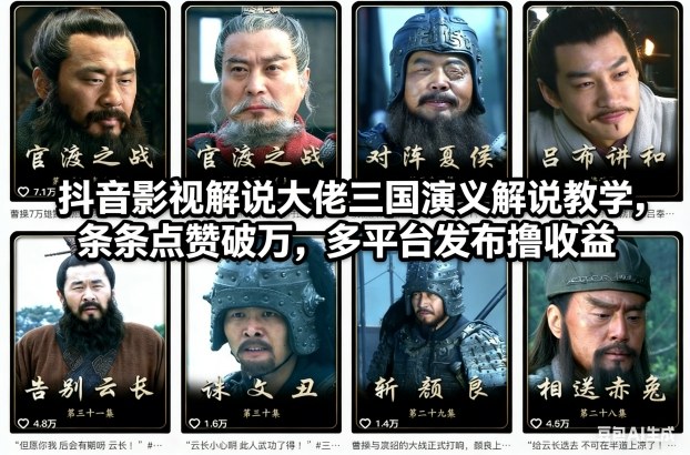 抖音影视解说大佬三国演义解说教学,条条点赞破万,多平台发布撸收益-聚业