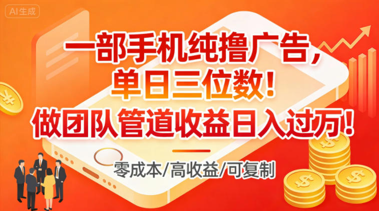 一部手机纯撸广告,单日三位数,做团队管道收益日入过1W-聚业